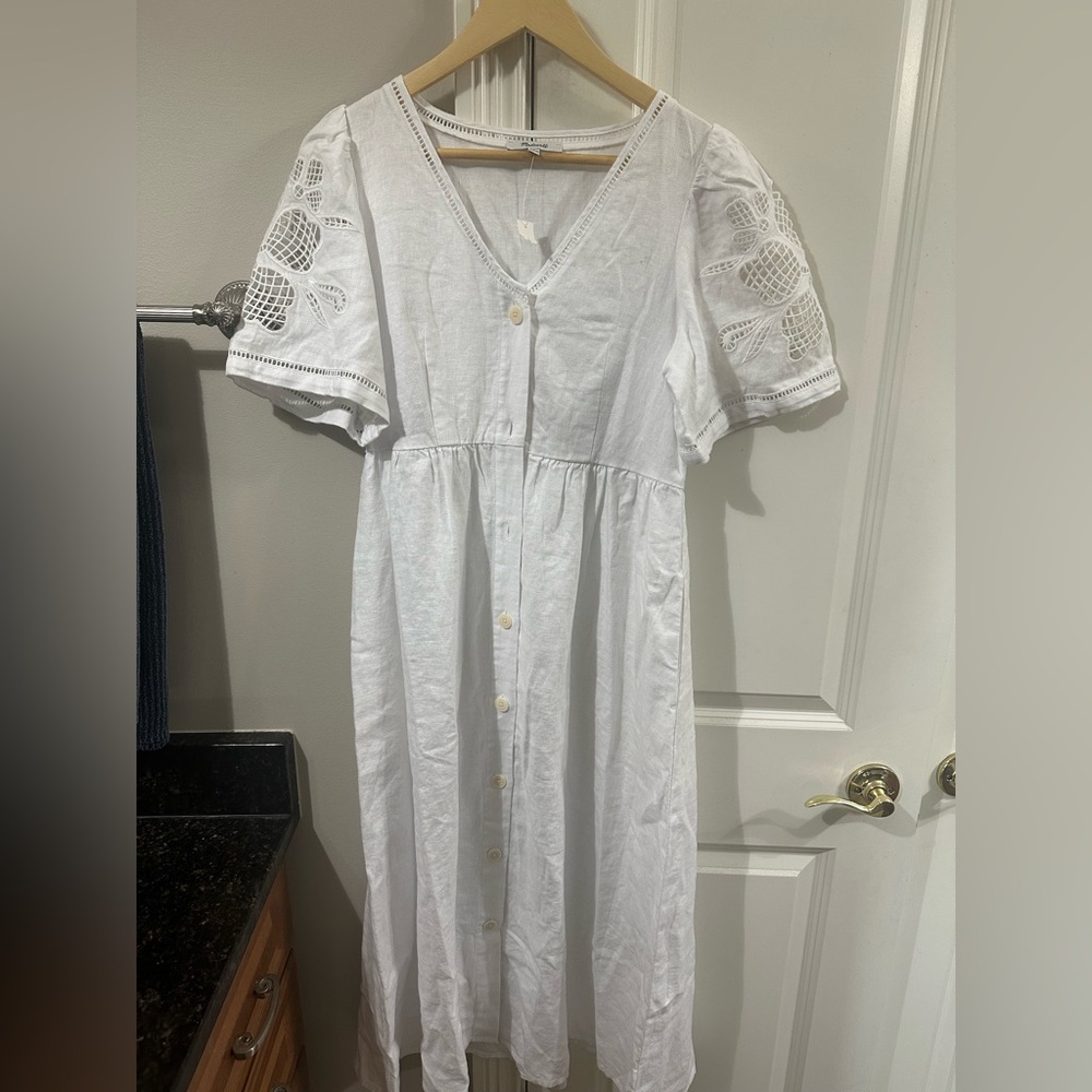 Madewell Cassie Button-Front Midi Dress in Linen White Size S NWT